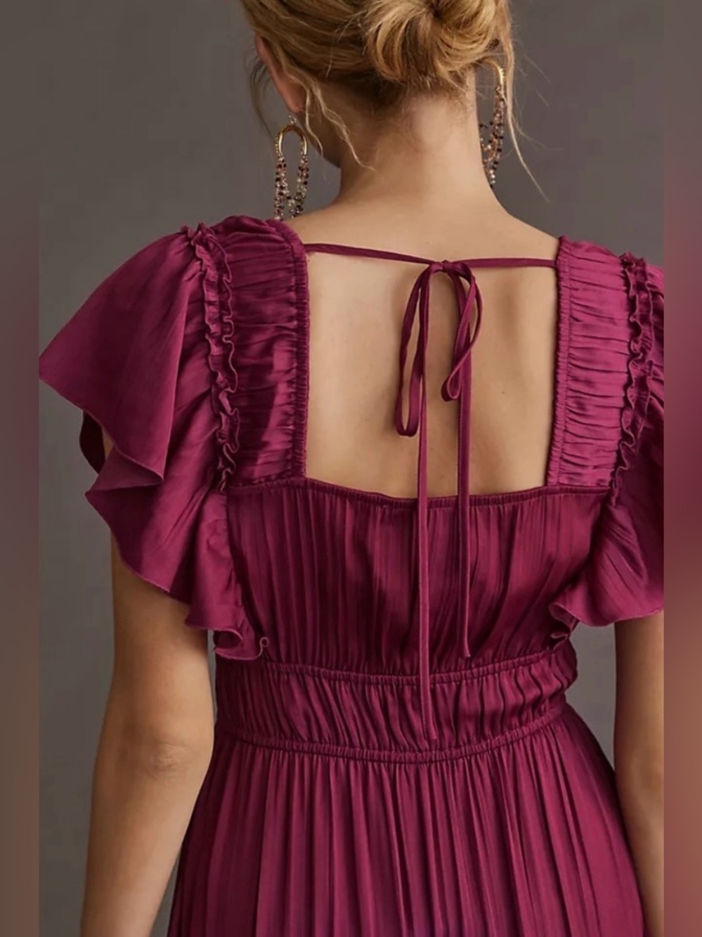 Anthropologie Ruffle Tiered Midi Dress Size XL Raspberry Flutter Sleeve Satin - Picture 4 of 13